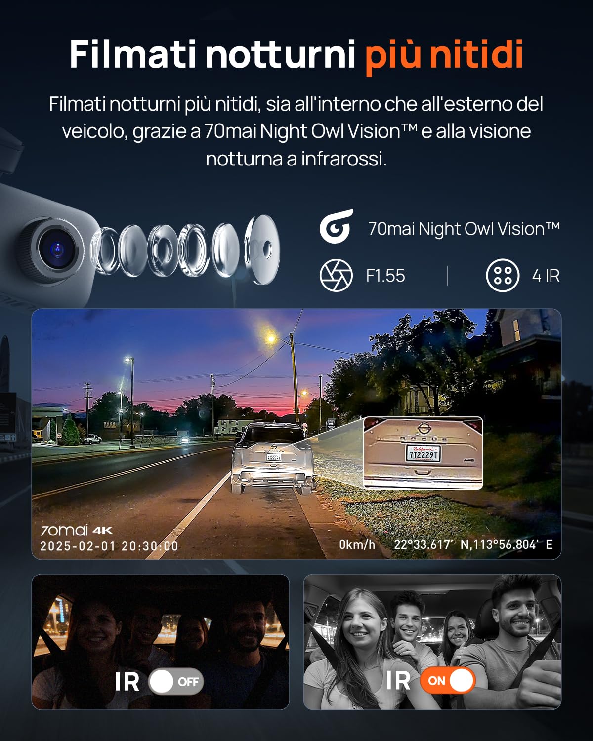 70mai T800E dash cam auto 3 canali 4K+1080P con HDR