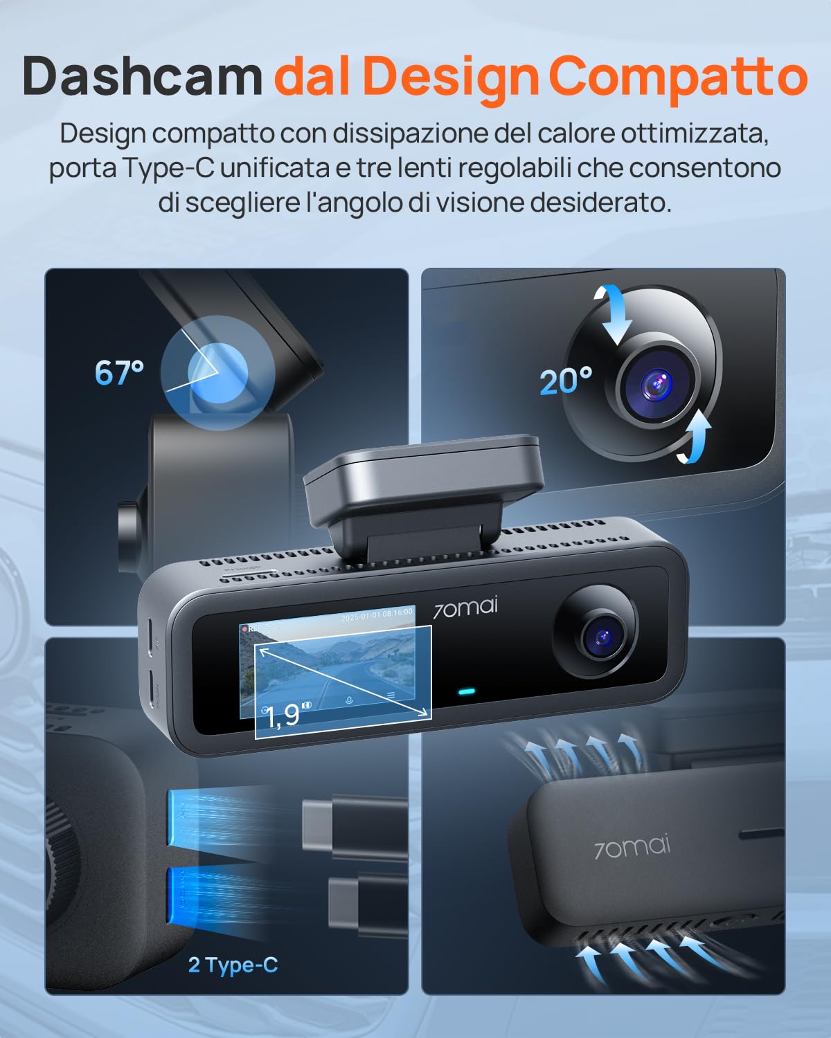 70mai T800E dash cam auto 3 canali 4K+1080P con HDR