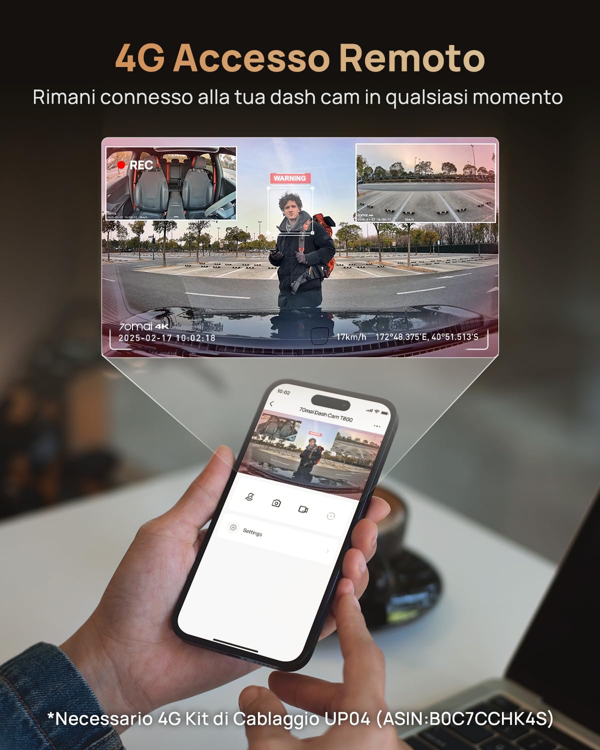 70mai T800 dash cam auto 3 canali 4K 128GB HDR