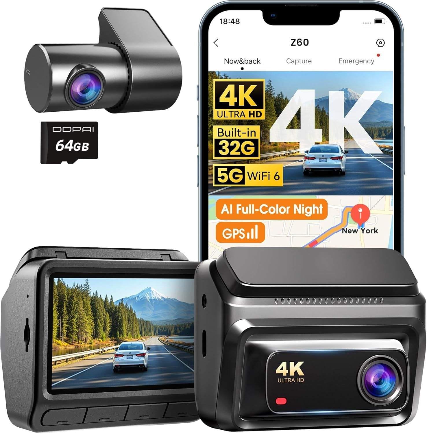 DDPAI Z60 dashcam auto 4K+1080P con SD 64GB GPS