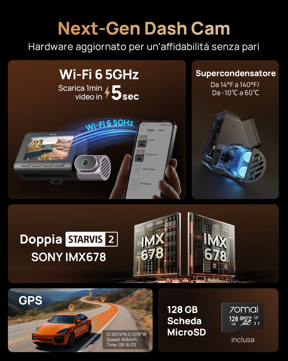 70mai T800 dash cam auto 3 canali 4K 128GB HDR