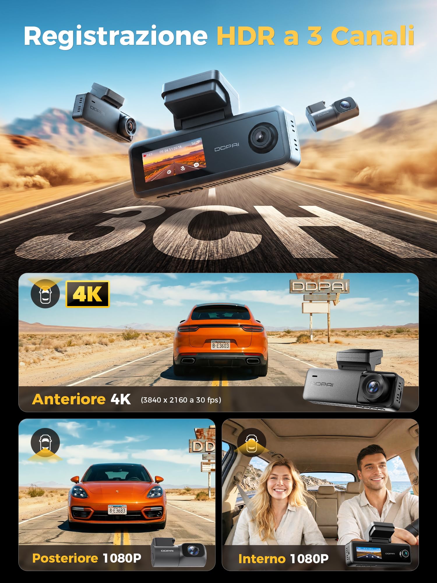 DDPAI N4T Pro Dashcam 3 Canali 4K 64GB GPS