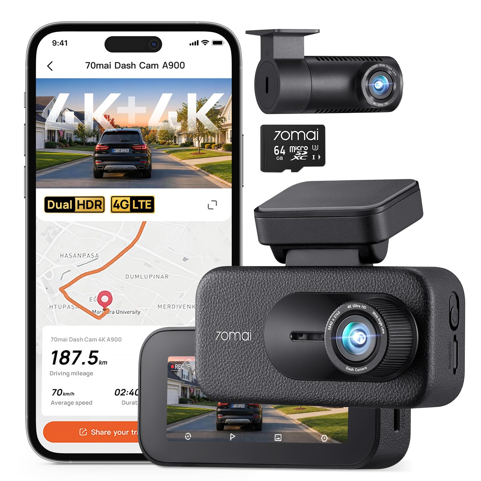70mai A900 doppia dash cam 4K+4K HDR 64GB