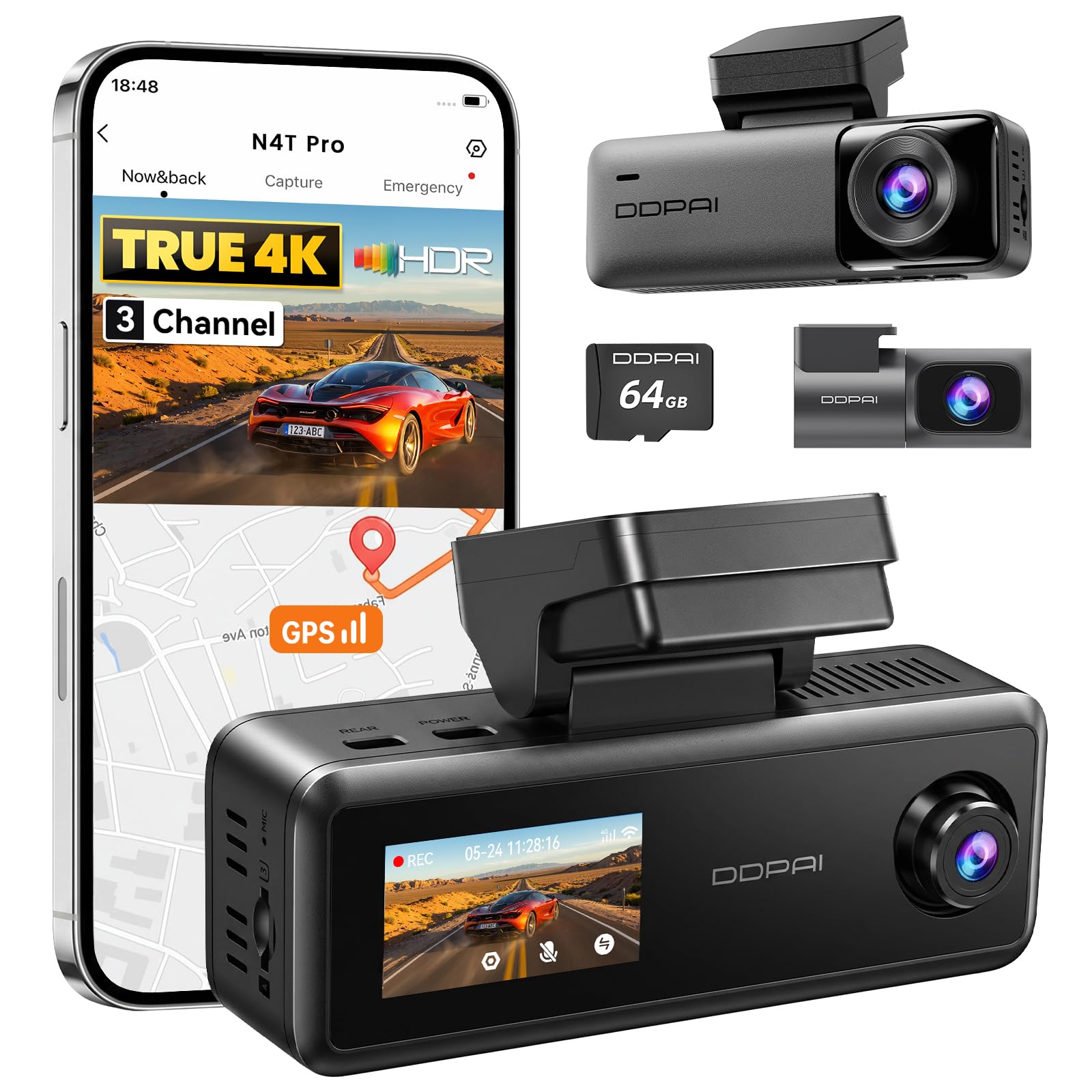 DDPAI N4T Pro Dashcam 3 Canali 4K 64GB GPS
