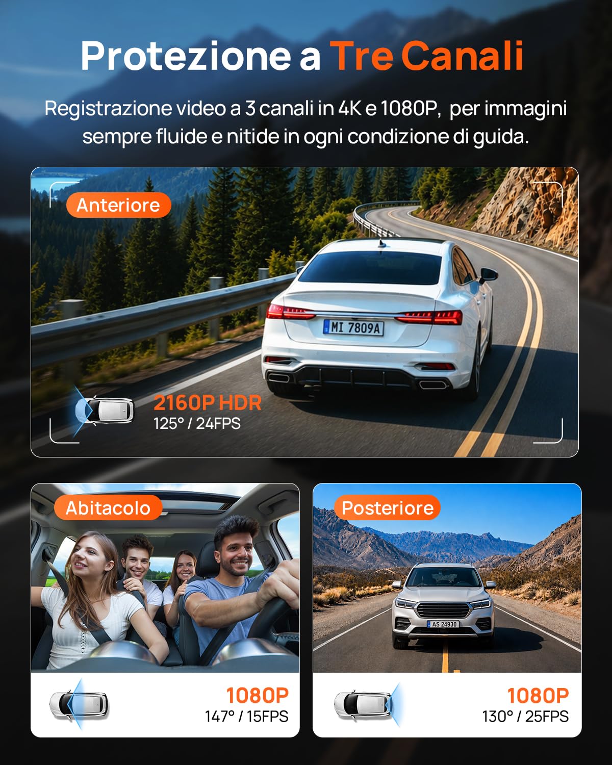 70mai T800E dash cam auto 3 canali 4K+1080P con HDR