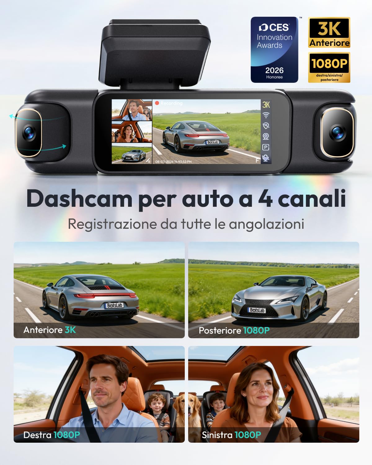 Botslab Dash Cam auto 4 canali 3K 360° con 128GB