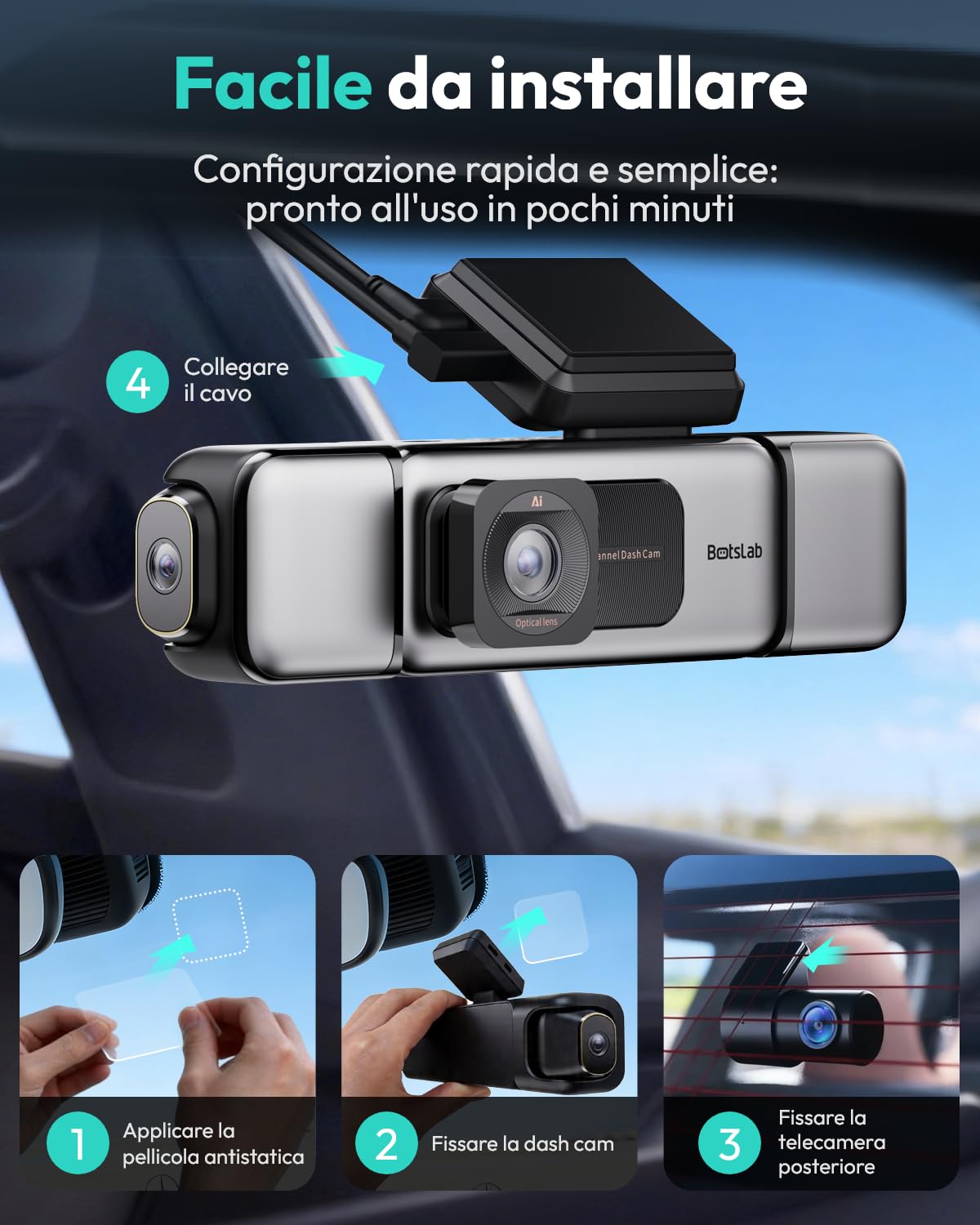 Botslab Dash Cam auto 4 canali 3K 360° con 128GB