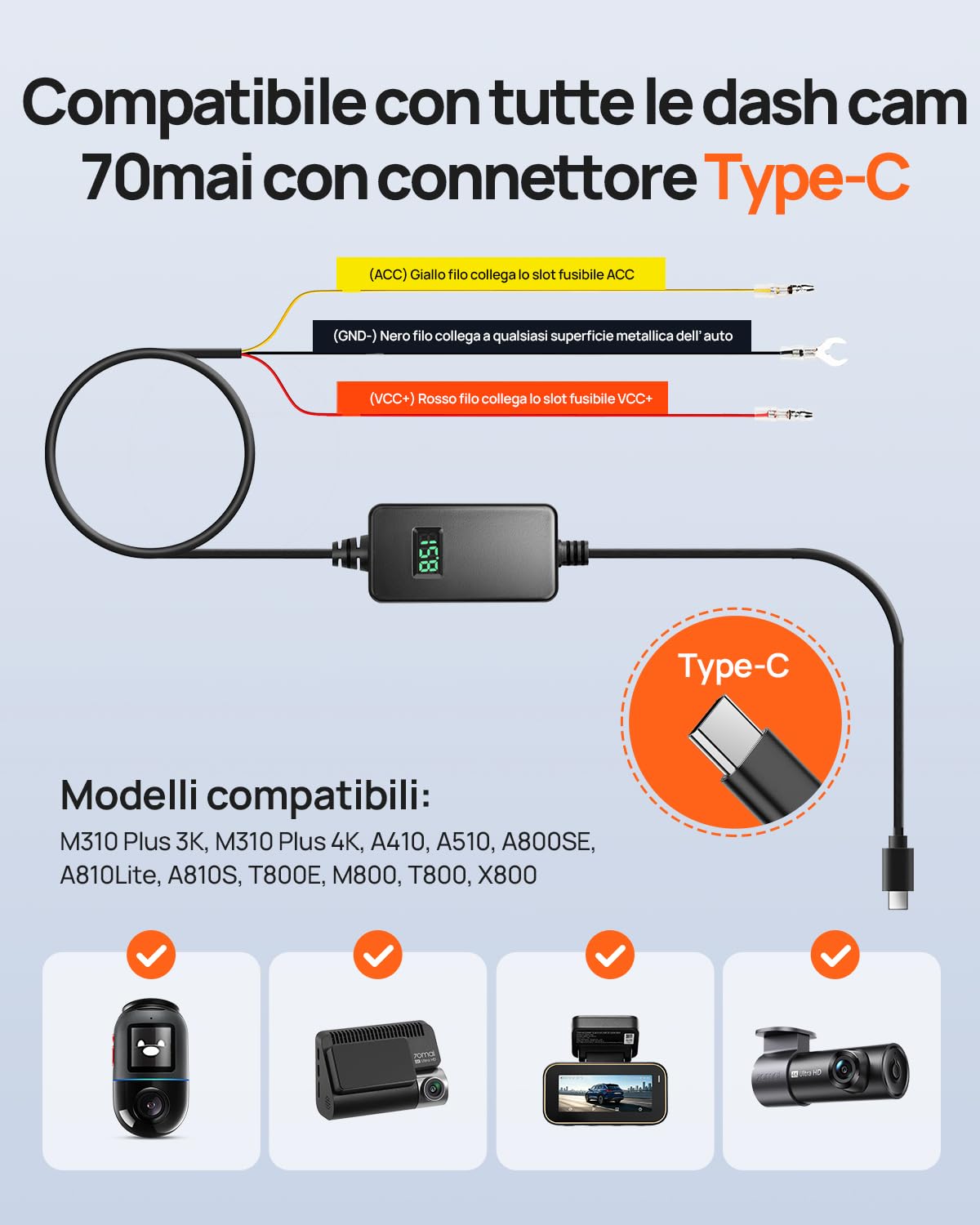 70mai UP06 kit cablaggio dash cam USB-C 12V-30V