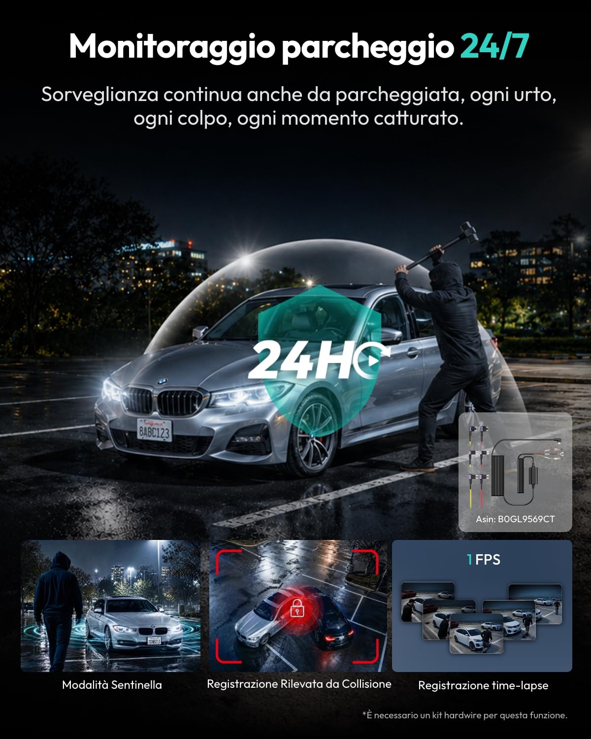 Botslab G980H dash cam auto 4K+1080P fronte interno taxi