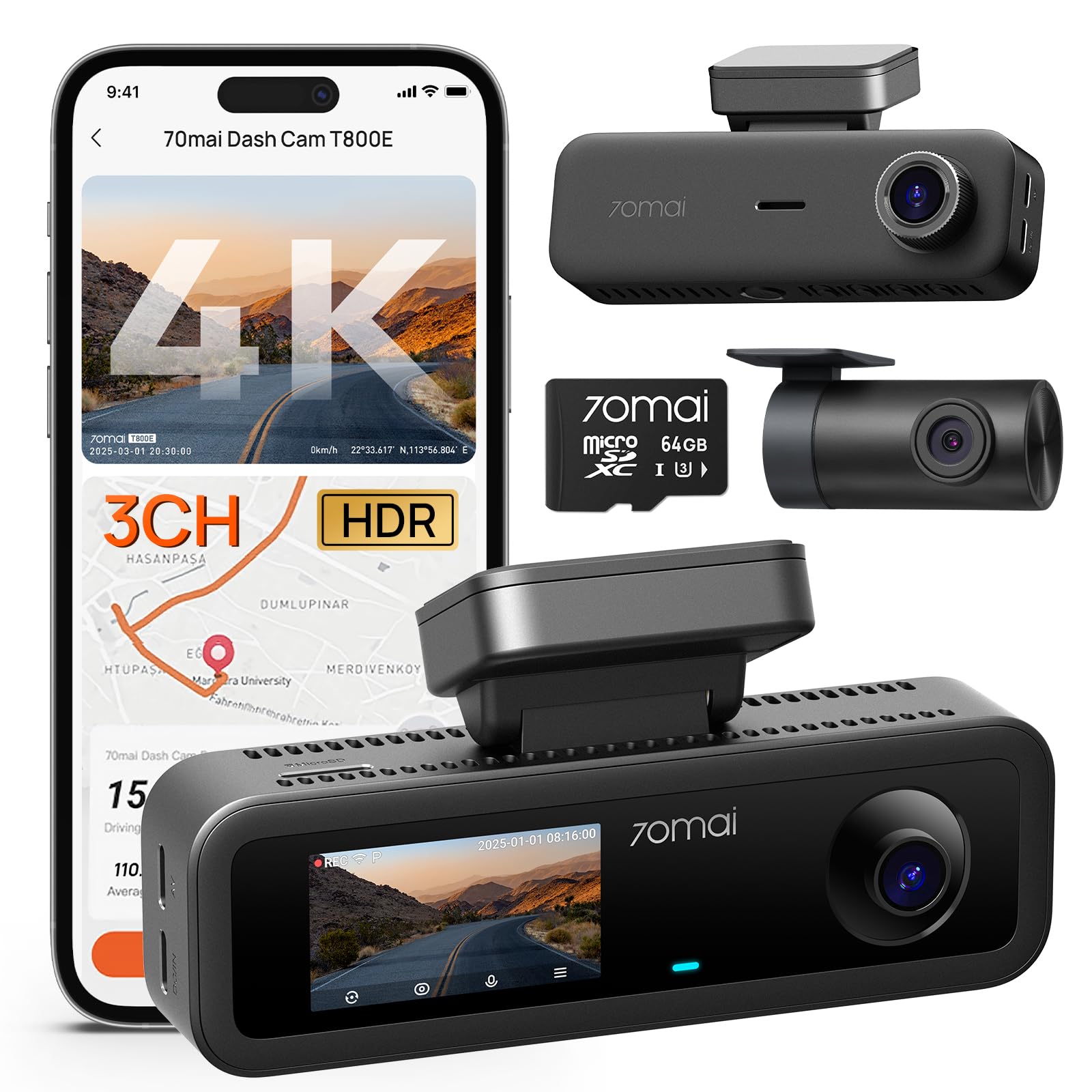 70mai T800E dash cam auto 3 canali 4K+1080P con HDR