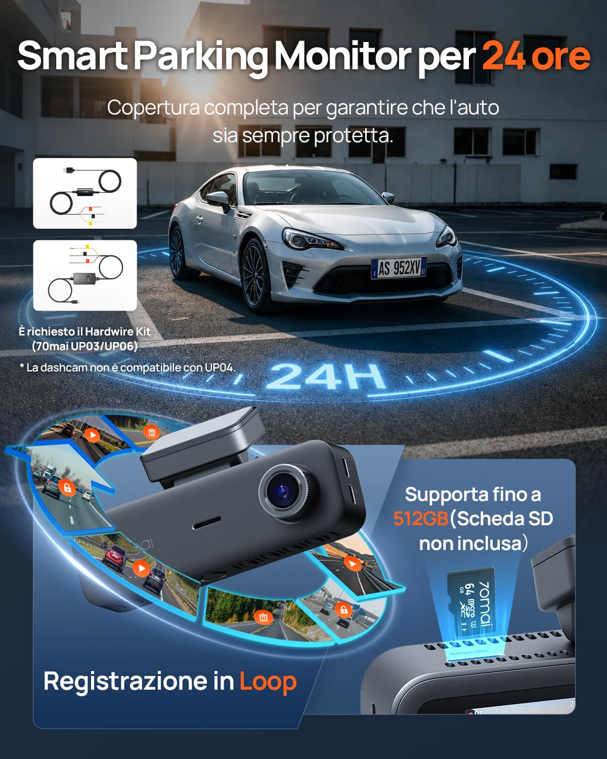 70mai T800E dash cam auto 3 canali 4K+1080P con HDR