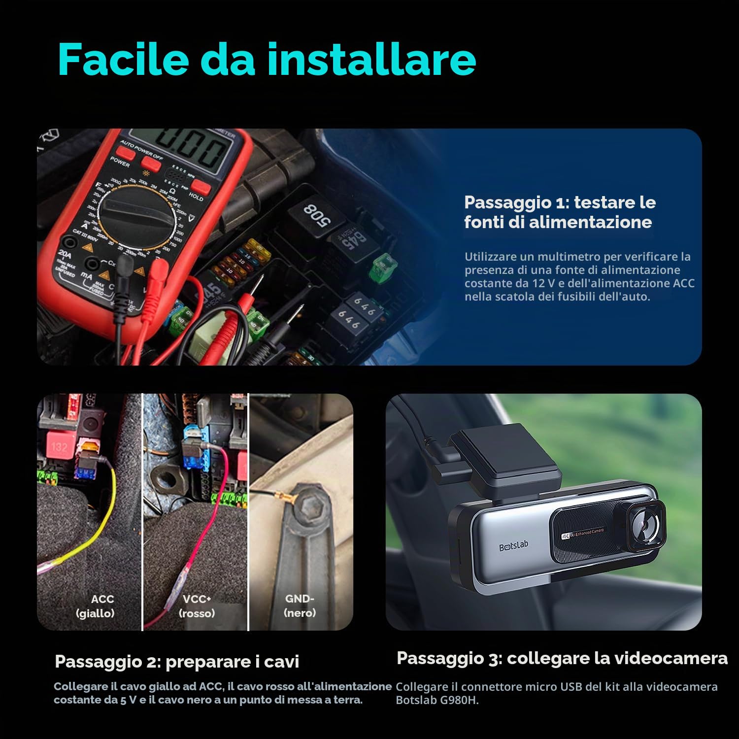 Botslab Kit Hardwire cavo alimentazione dash cam 12V