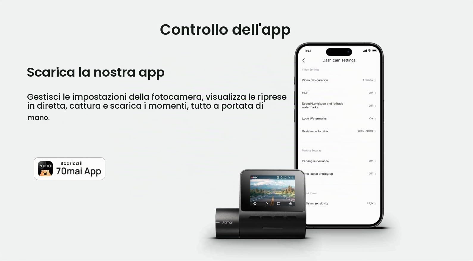 70mai A200 dash cam auto Full HD nera anteriore