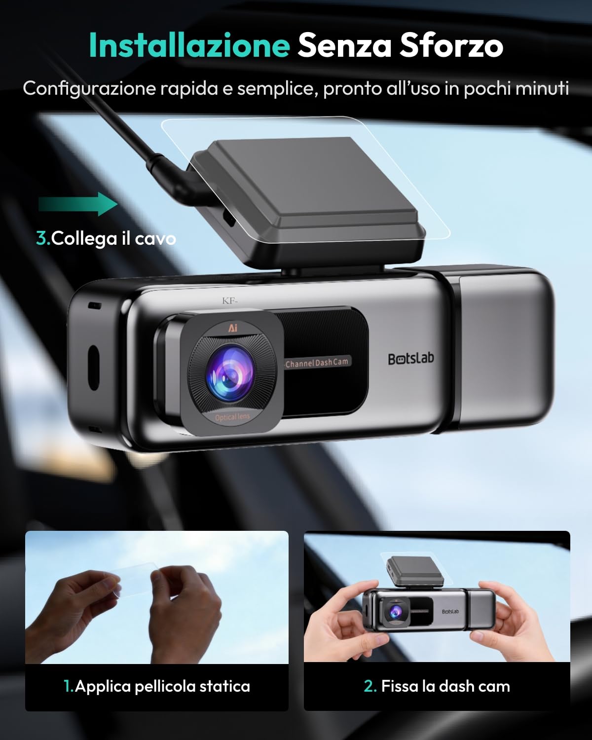 Botslab G980H dash cam auto 4K+1080P fronte interno taxi