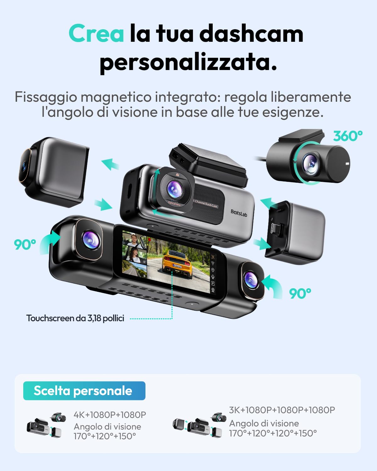 Botslab Dash Cam auto 4 canali 3K 360° con 128GB