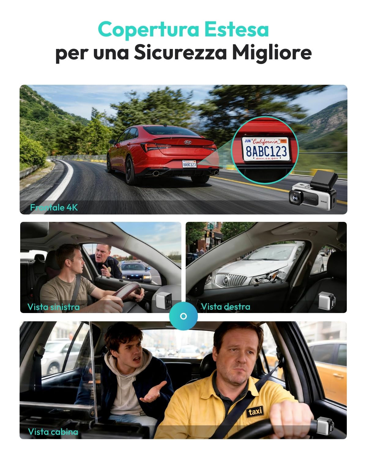 Botslab G980H dash cam auto 4K+1080P fronte interno taxi