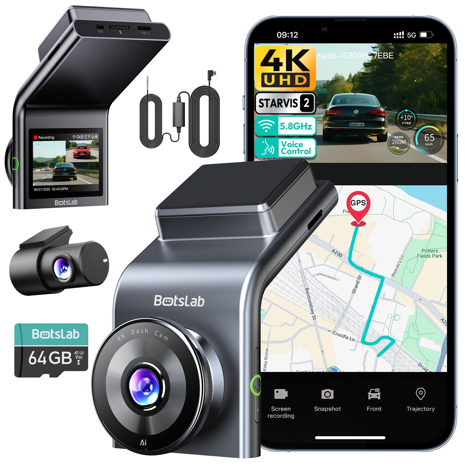 Botslab G300H Plus dash cam 4K fronte e retro 64 GB