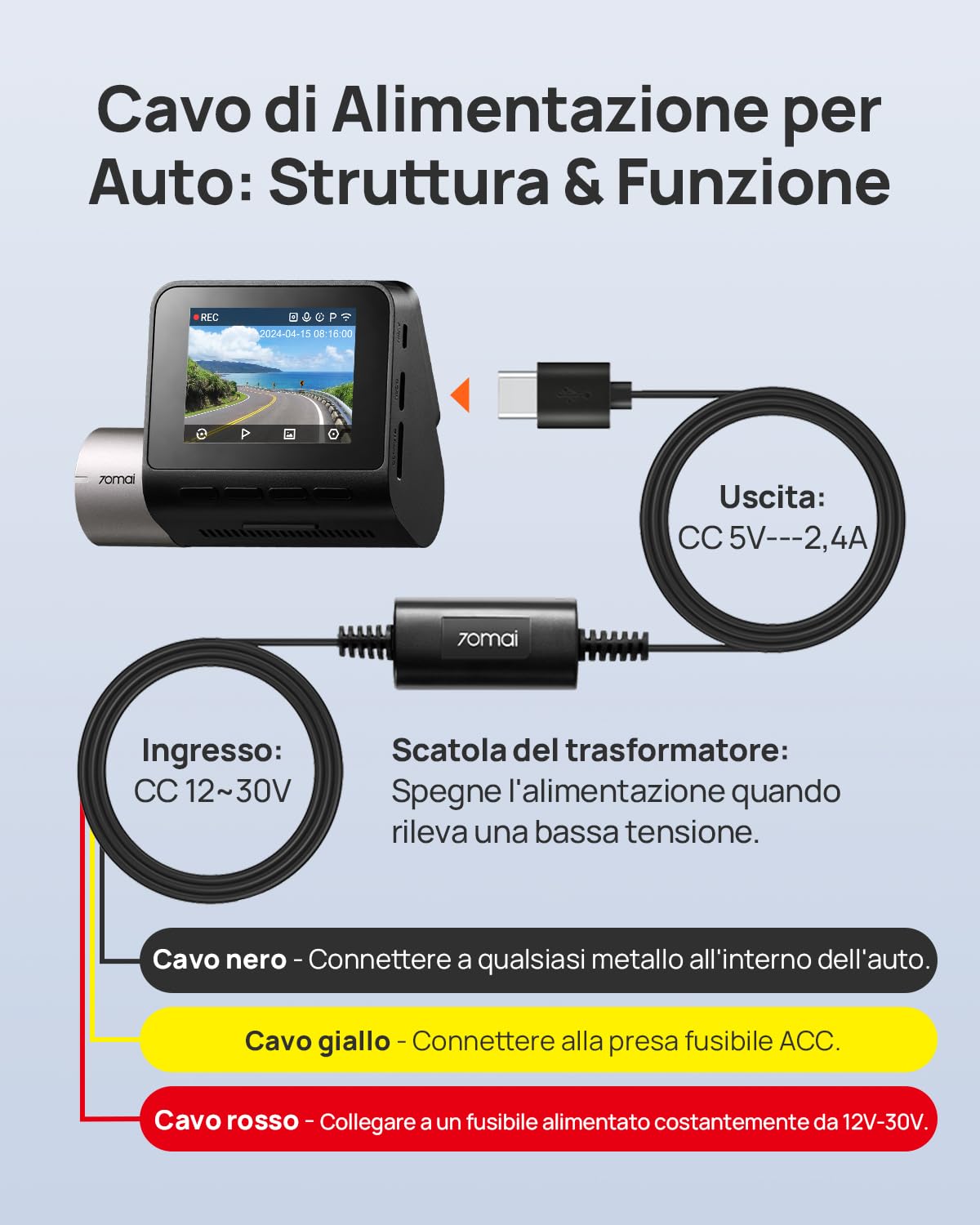 70mai UP03 kit cablaggio dash cam USB-C 3,3m 12V-30V