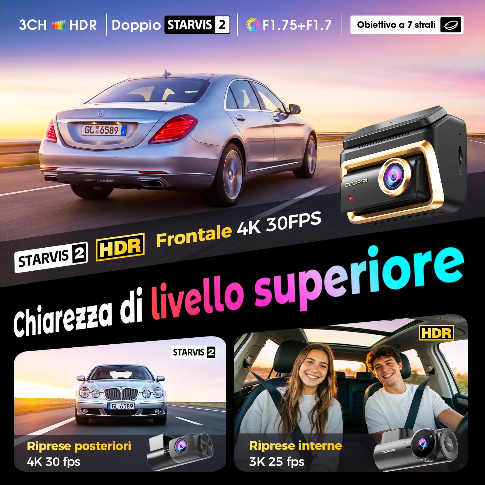 DDPAI Z90 Master Dashcam 3 Canali 4K 128GB GPS