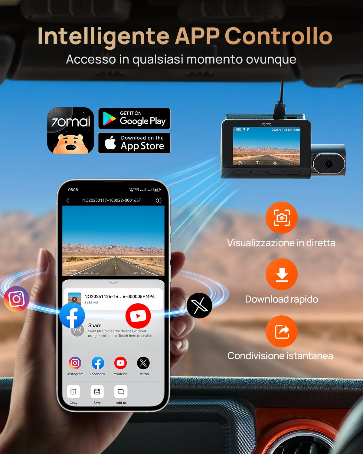 70mai T800 dash cam auto 3 canali 4K 128GB HDR