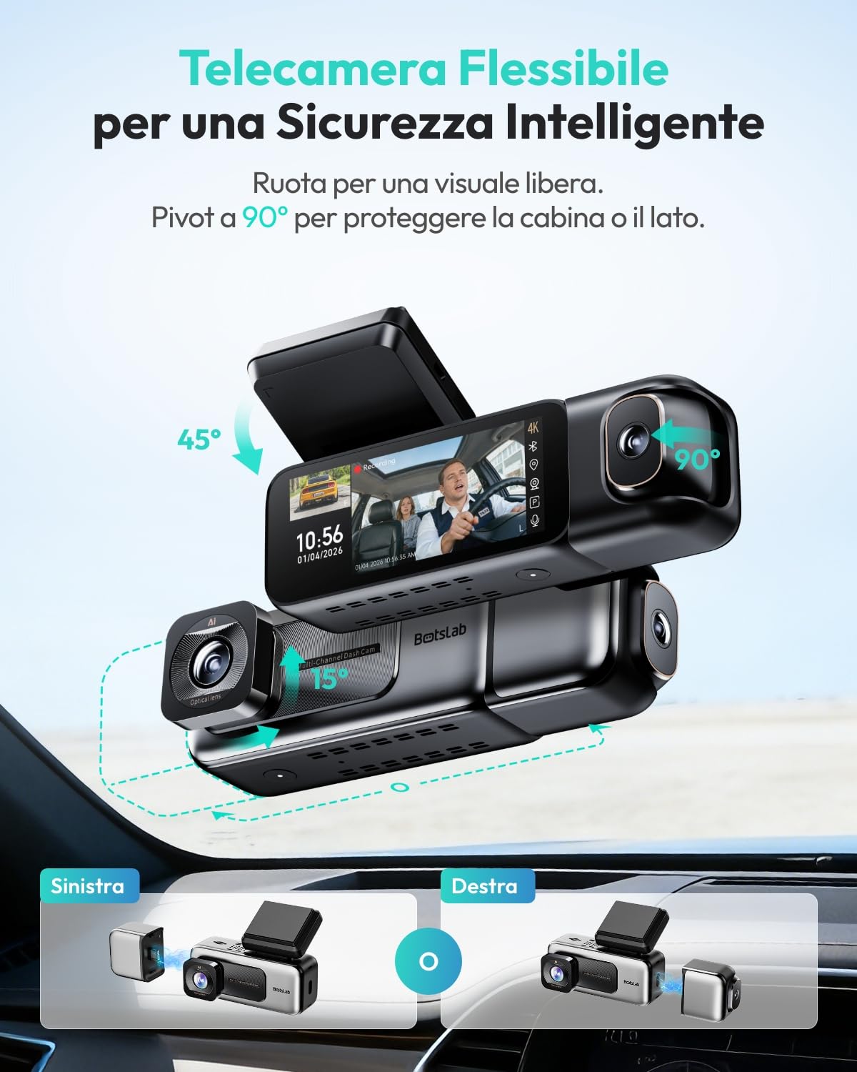 Botslab G980H dash cam auto 4K+1080P fronte interno taxi