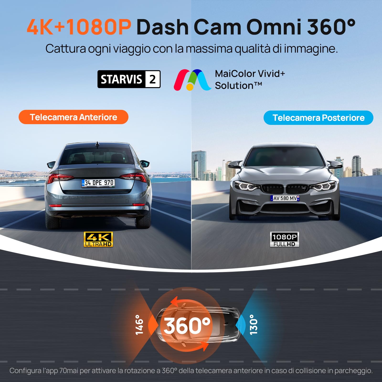 70mai 4K Omni dash cam auto dual 4K+1080P 360°