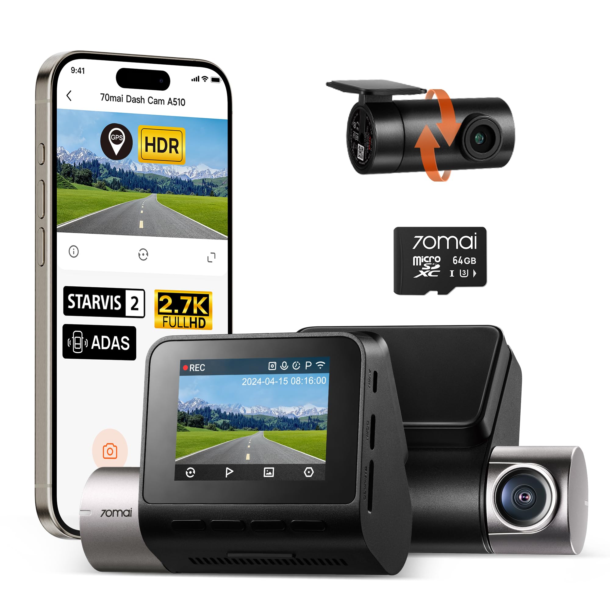 70mai Serie A A510 dash cam doppia SD 64GB GPS