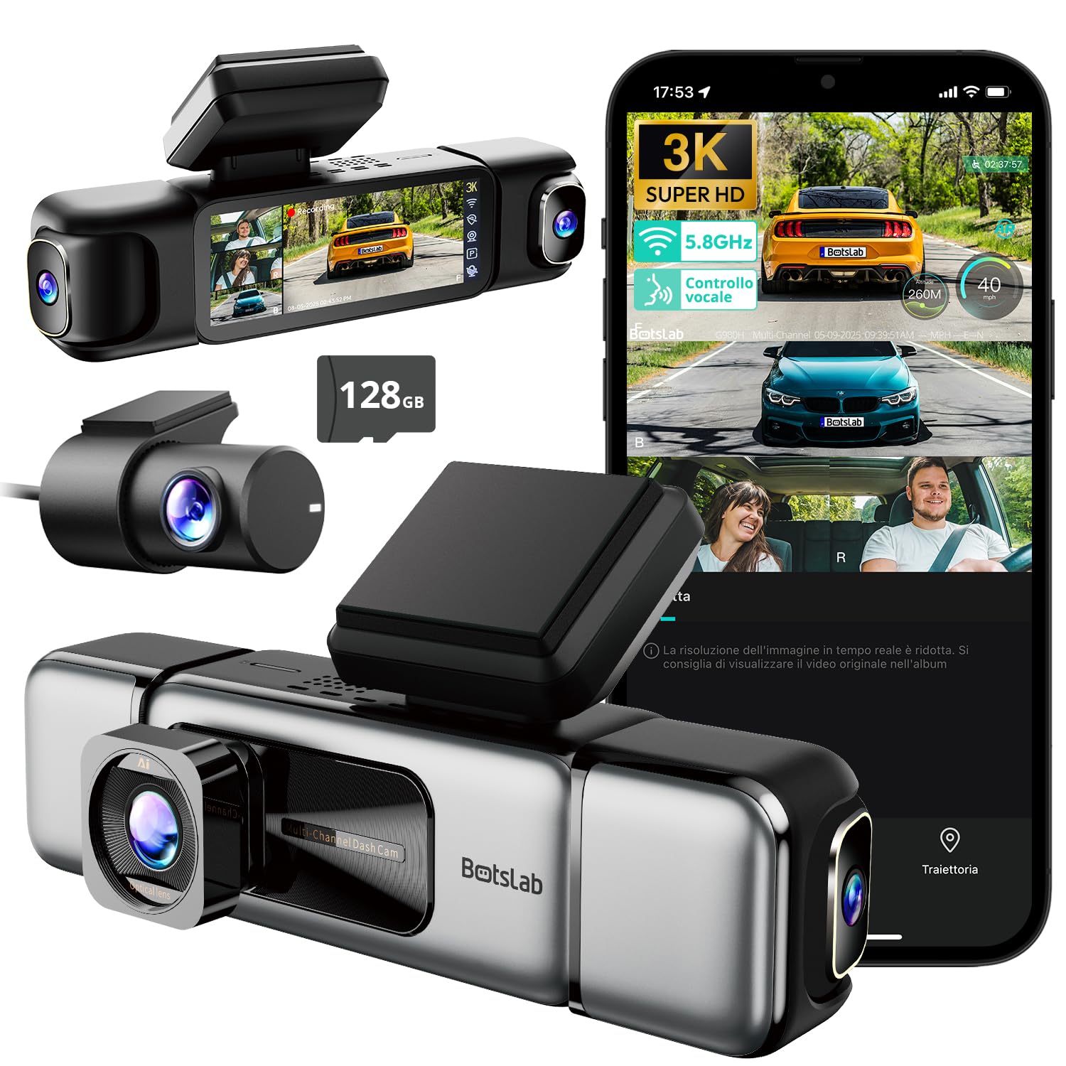 Botslab Dash Cam auto 4 canali 3K 360° con 128GB