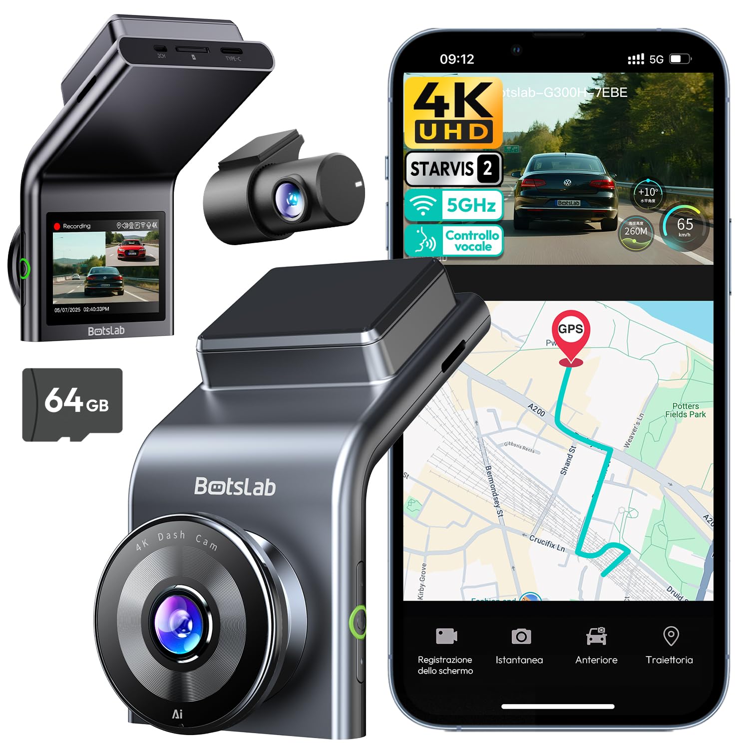 Botslab G300H Plus dash cam auto 4K doppia 64GB
