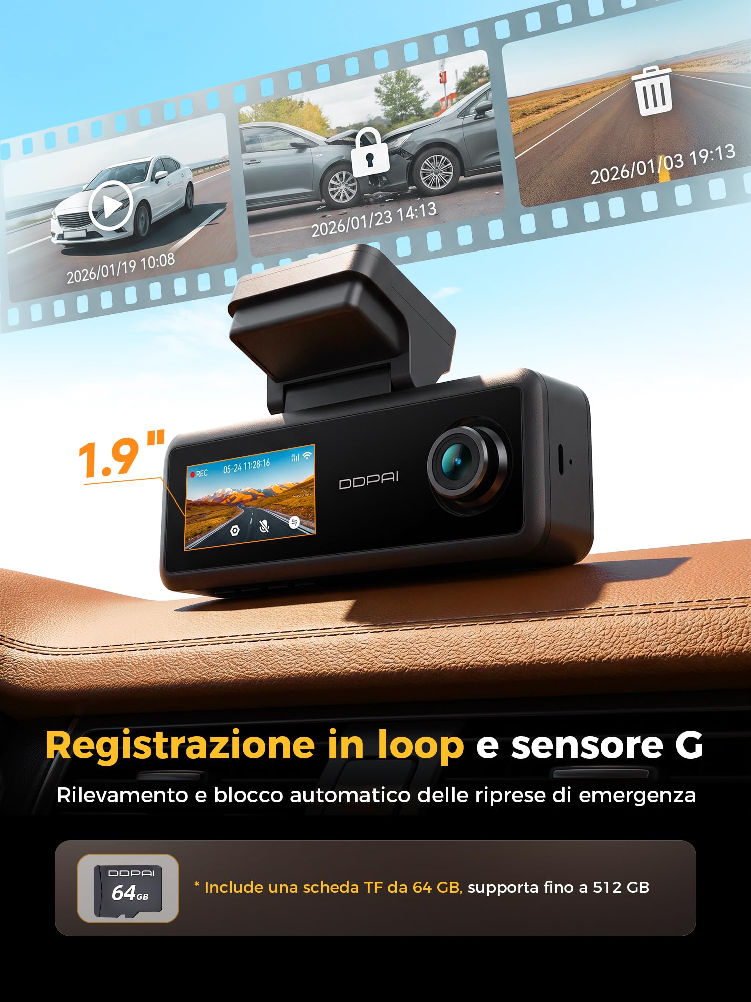 DDPAI N4T Pro Dashcam 3 Canali 4K 64GB GPS