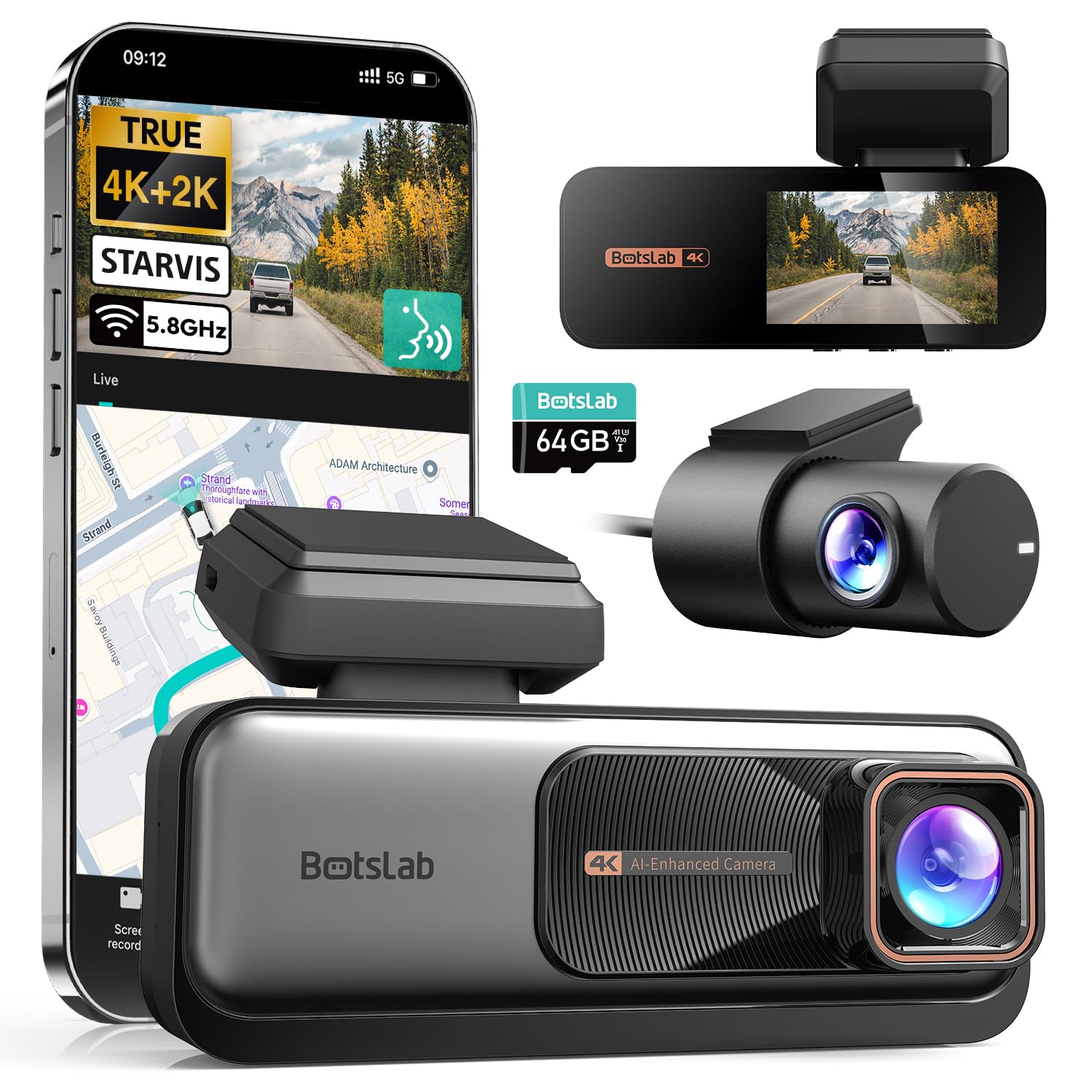 BOTSLAB 4K Dash Cam Auto Anteriore Posteriore 64GB